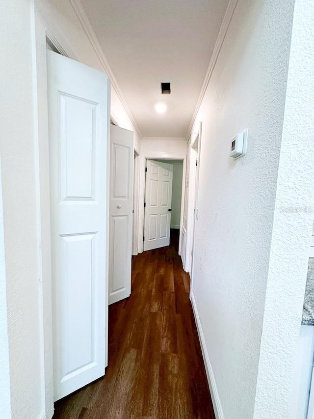 hall with dark hardwood / wood-style floors and crown molding