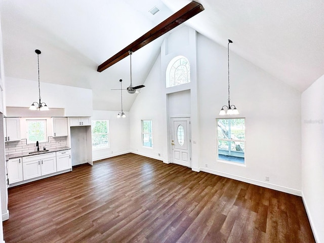 unfurnished living room featuring beamed ceiling, sink, high vaulted ceiling, ceiling fan with notable chandelier, and dark hardwood / wood-style floors