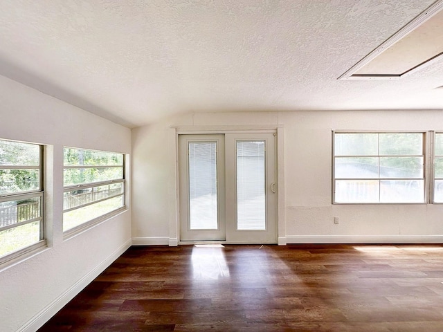 unfurnished room featuring a healthy amount of sunlight, dark wood-type flooring, and vaulted ceiling