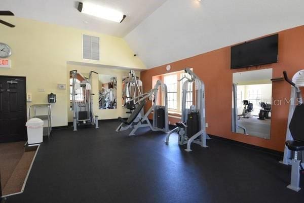 workout area featuring high vaulted ceiling