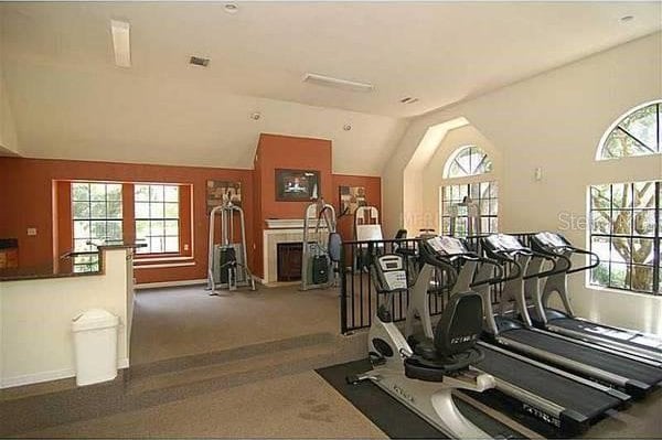 gym with lofted ceiling, dark colored carpet, and plenty of natural light