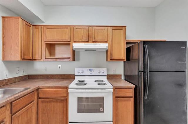 kitchen with sink, range hood, electric stove, and black fridge