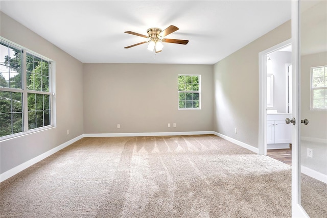 empty room with carpet flooring, a wealth of natural light, and ceiling fan