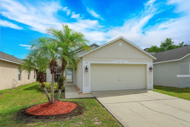 ranch-style home featuring a garage and a front yard