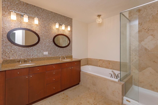 bathroom featuring tile flooring, separate shower and tub, and double sink vanity