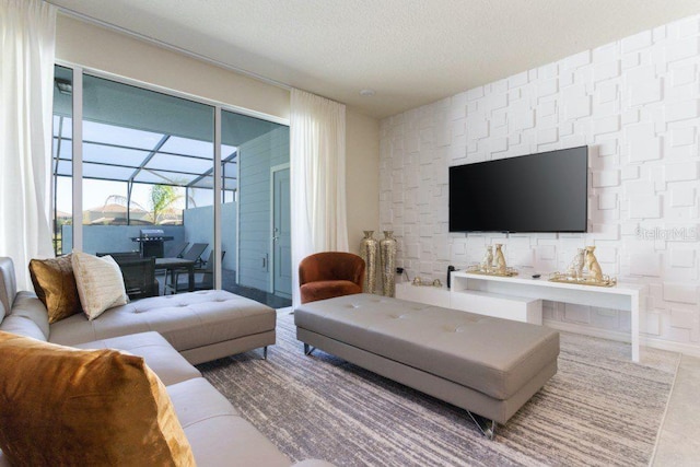 living room with a textured ceiling