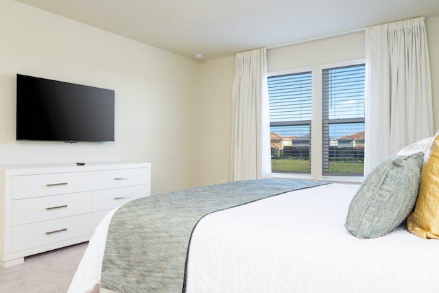 bedroom featuring light carpet