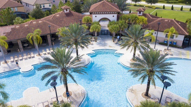 view of swimming pool featuring a patio area and a lawn