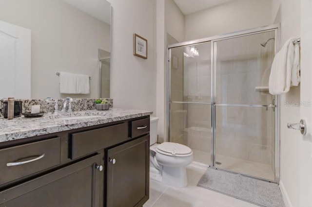 bathroom featuring a shower with door, toilet, tile flooring, and vanity