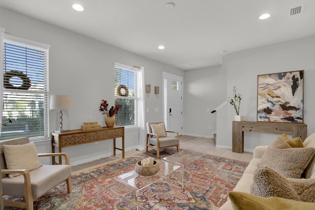 living room featuring light tile patterned flooring