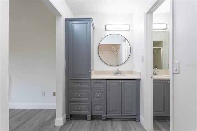 bathroom with vanity and hardwood / wood-style flooring