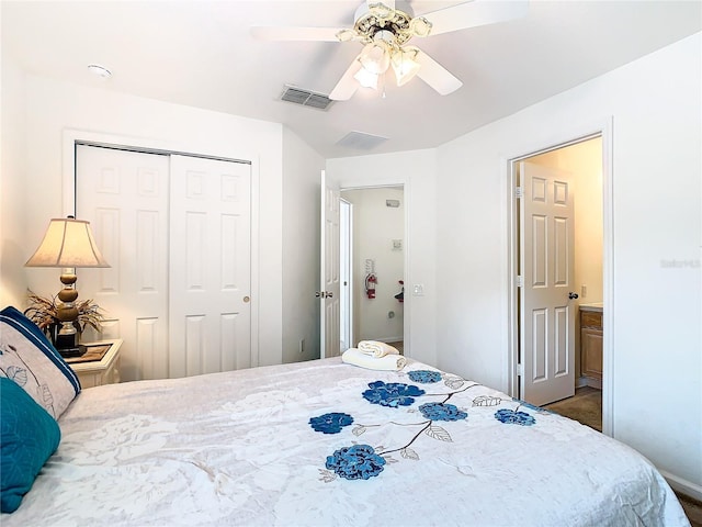 bedroom with ceiling fan and a closet