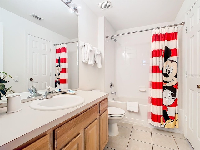 full bathroom featuring vanity, shower / tub combo, toilet, and tile flooring