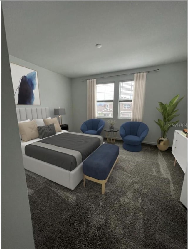 bedroom with dark colored carpet