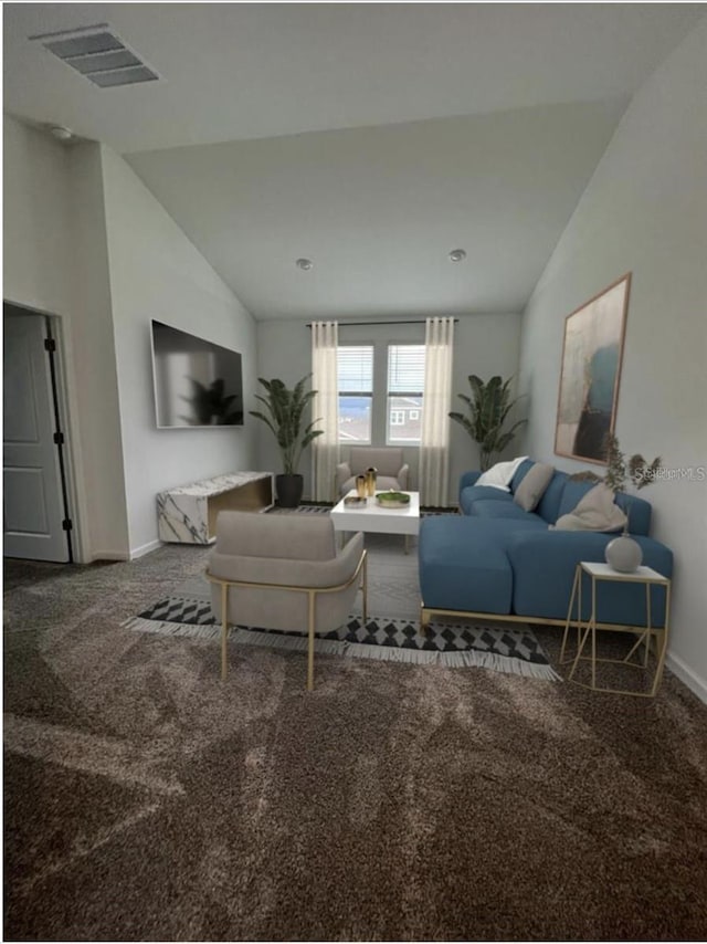 living room featuring vaulted ceiling and carpet