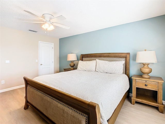 bedroom with light hardwood / wood-style flooring and ceiling fan