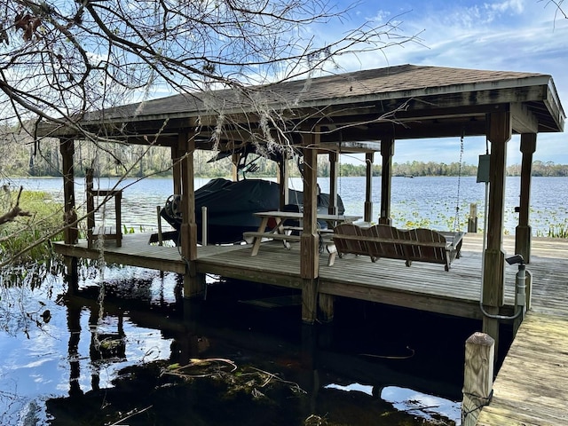 view of dock with a water view