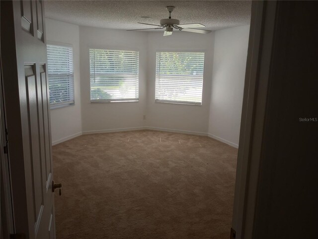 spare room featuring ceiling fan, carpet floors, and a textured ceiling