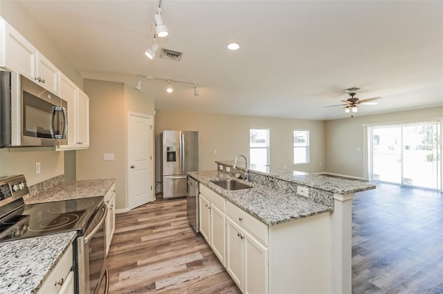 kitchen with plenty of natural light, ceiling fan, track lighting, and stainless steel appliances