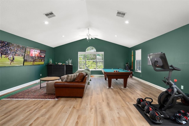 rec room with ceiling fan, light wood-type flooring, billiards, and lofted ceiling