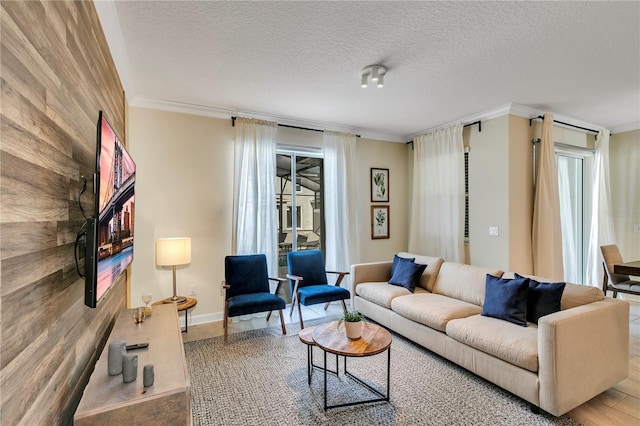 living room featuring ornamental molding and a textured ceiling