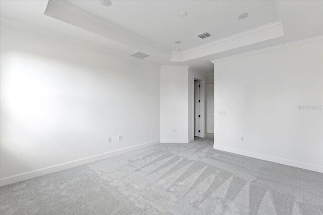 unfurnished room featuring a tray ceiling, ornamental molding, and light colored carpet