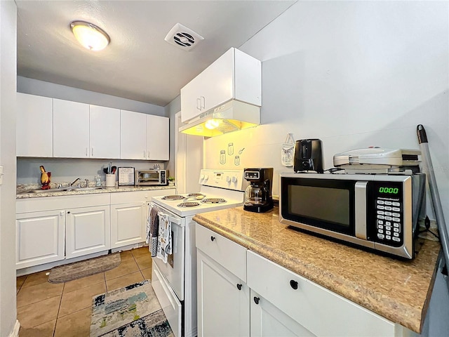 kitchen with white range with electric cooktop, visible vents, white cabinetry, light countertops, and stainless steel microwave