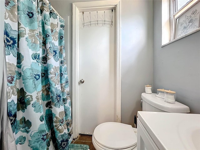 bathroom with vanity, toilet, and a shower with curtain