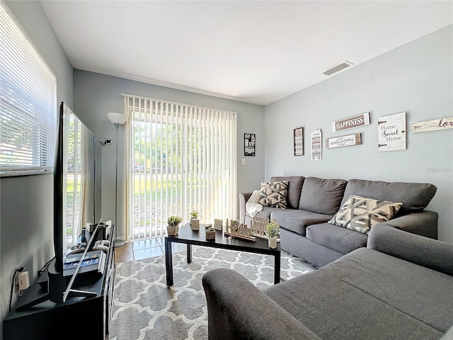 living room with visible vents and wood finished floors