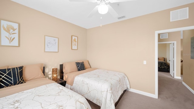 bedroom featuring ceiling fan and carpet floors