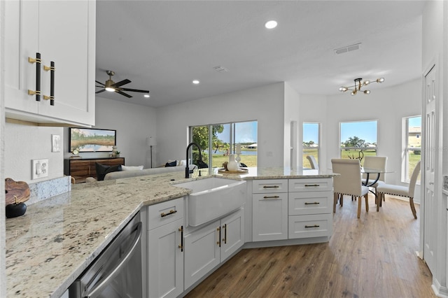 kitchen with plenty of natural light, ceiling fan, hardwood / wood-style flooring, sink, and stainless steel dishwasher