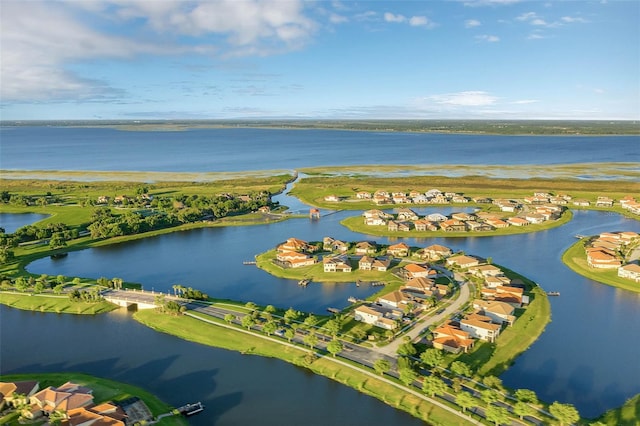 drone / aerial view with a water view