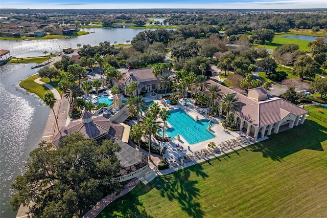 birds eye view of property featuring a water view