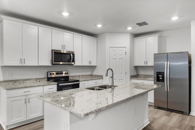 kitchen with appliances with stainless steel finishes, sink, an island with sink, and white cabinets