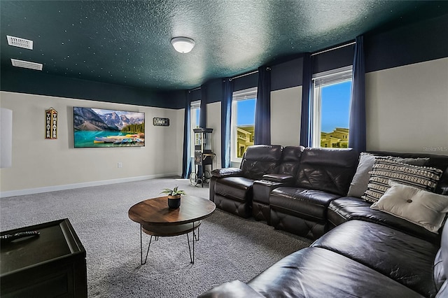 home theater room with a textured ceiling and carpet floors