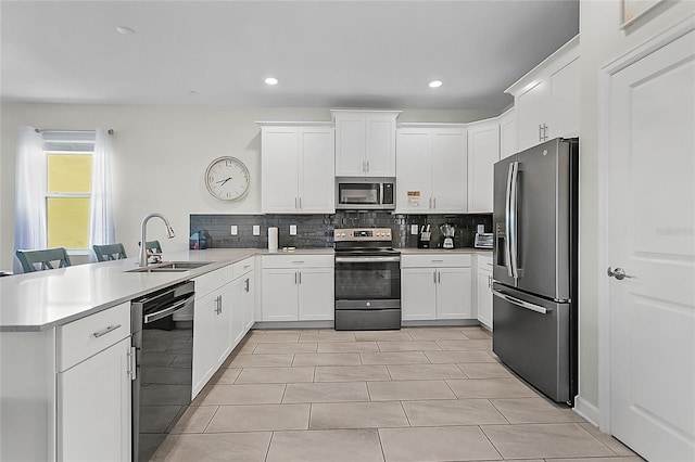 kitchen featuring sink, backsplash, white cabinetry, stainless steel appliances, and kitchen peninsula