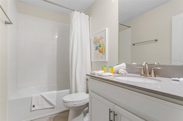 full bathroom featuring oversized vanity, tile floors, shower / bathtub combination with curtain, and toilet