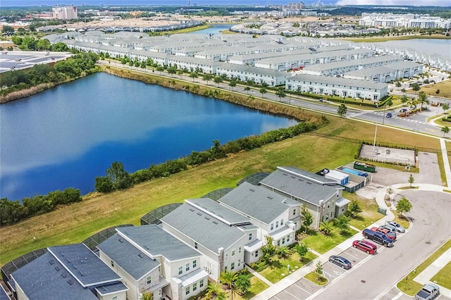 bird's eye view with a water view