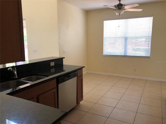 kitchen with stainless steel dishwasher, ceiling fan, sink, and light tile patterned floors