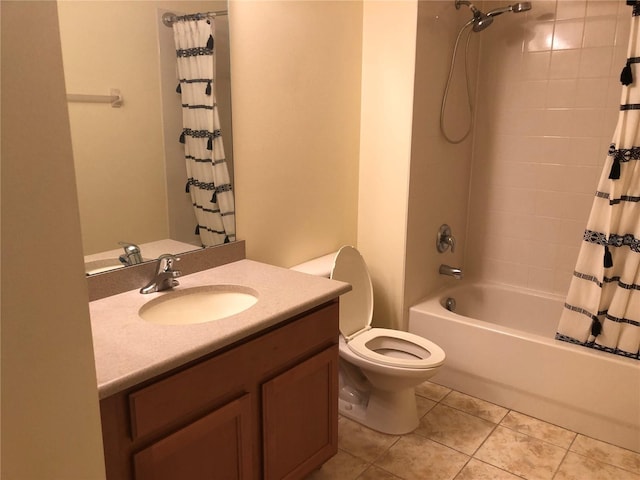 full bathroom with toilet, shower / tub combo, tile patterned floors, and vanity