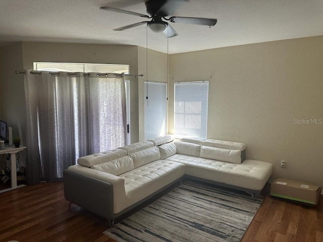 living room with ceiling fan and dark hardwood / wood-style floors