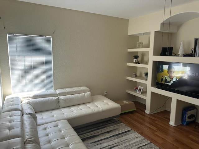 living room featuring built in features and dark wood-type flooring