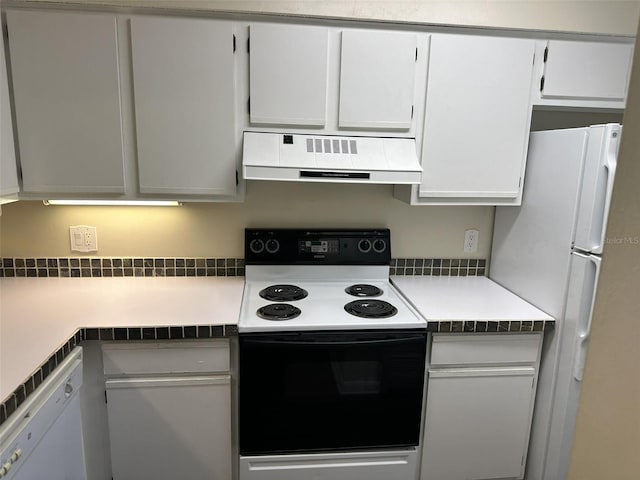 kitchen with white cabinetry, tile countertops, white appliances, and exhaust hood