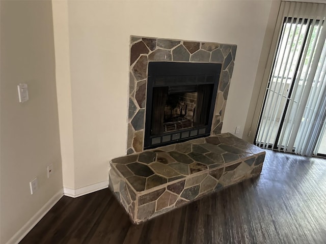 details featuring dark hardwood / wood-style flooring and a fireplace