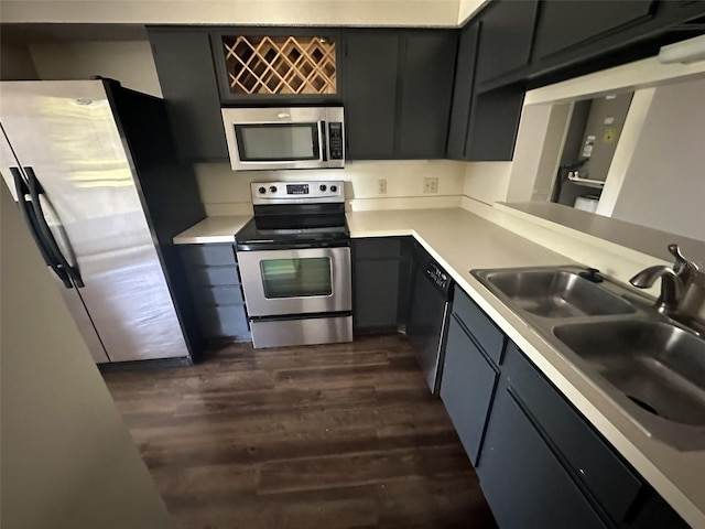 kitchen with dark hardwood / wood-style flooring, stainless steel appliances, and sink