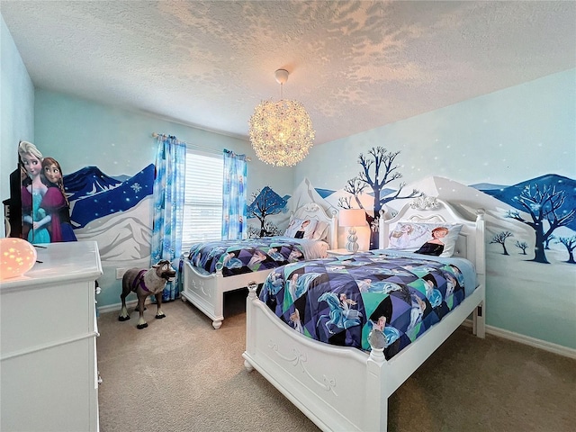 carpeted bedroom with a textured ceiling