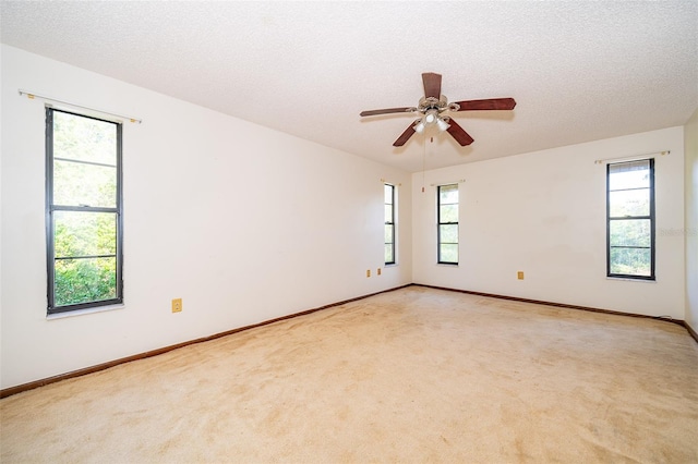 empty room with a textured ceiling, carpet floors, a wealth of natural light, and ceiling fan