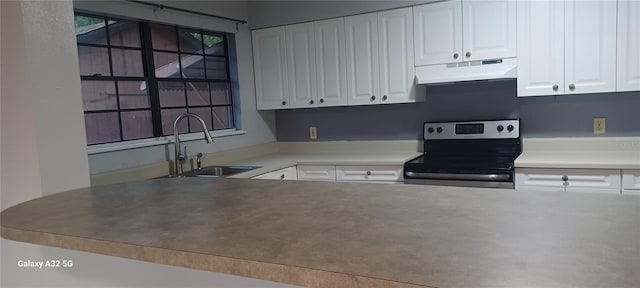 kitchen featuring sink, concrete floors, white cabinetry, and electric stove