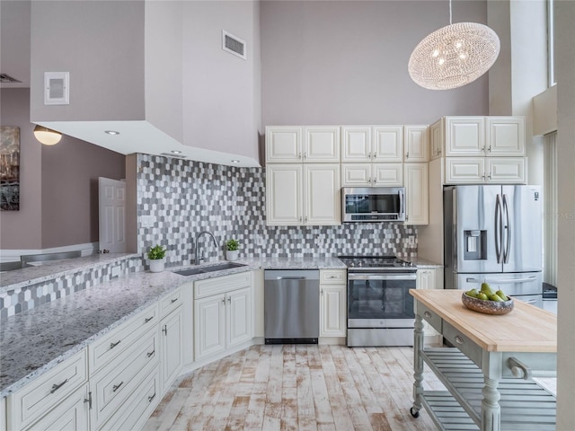 kitchen with backsplash, sink, a towering ceiling, decorative light fixtures, and stainless steel appliances