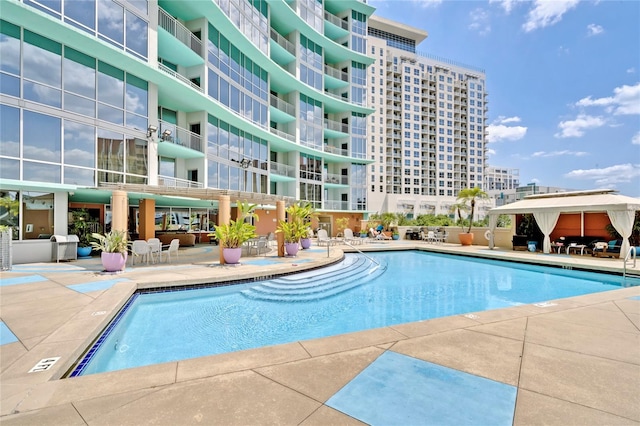 view of swimming pool with a patio area